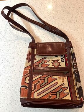 The Alaska Loom Tote Bag Tapestry and Leather Brown Cream Green